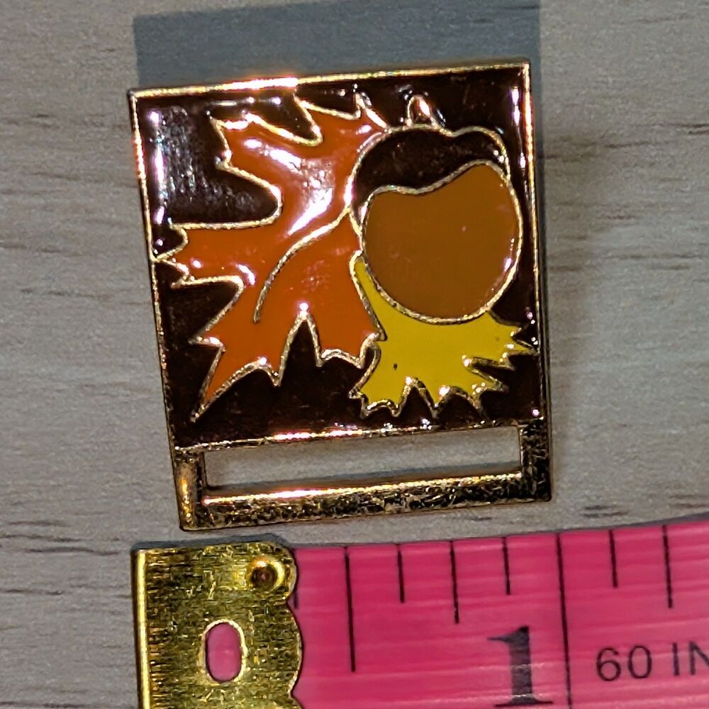 Vintage Clip-Eze Autumn Acorn Maple Leaf Name Badge Pin Fall Harvest Brooch
